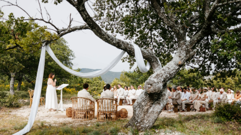 Discours au vin d'honneur lors d'un mariage en extérieur, ambiance musicale assurée par le DJ